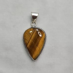 Yellow Tiger's Eye Natural Gemstone Necklace Pendant Teardrop Shape Silver Plate